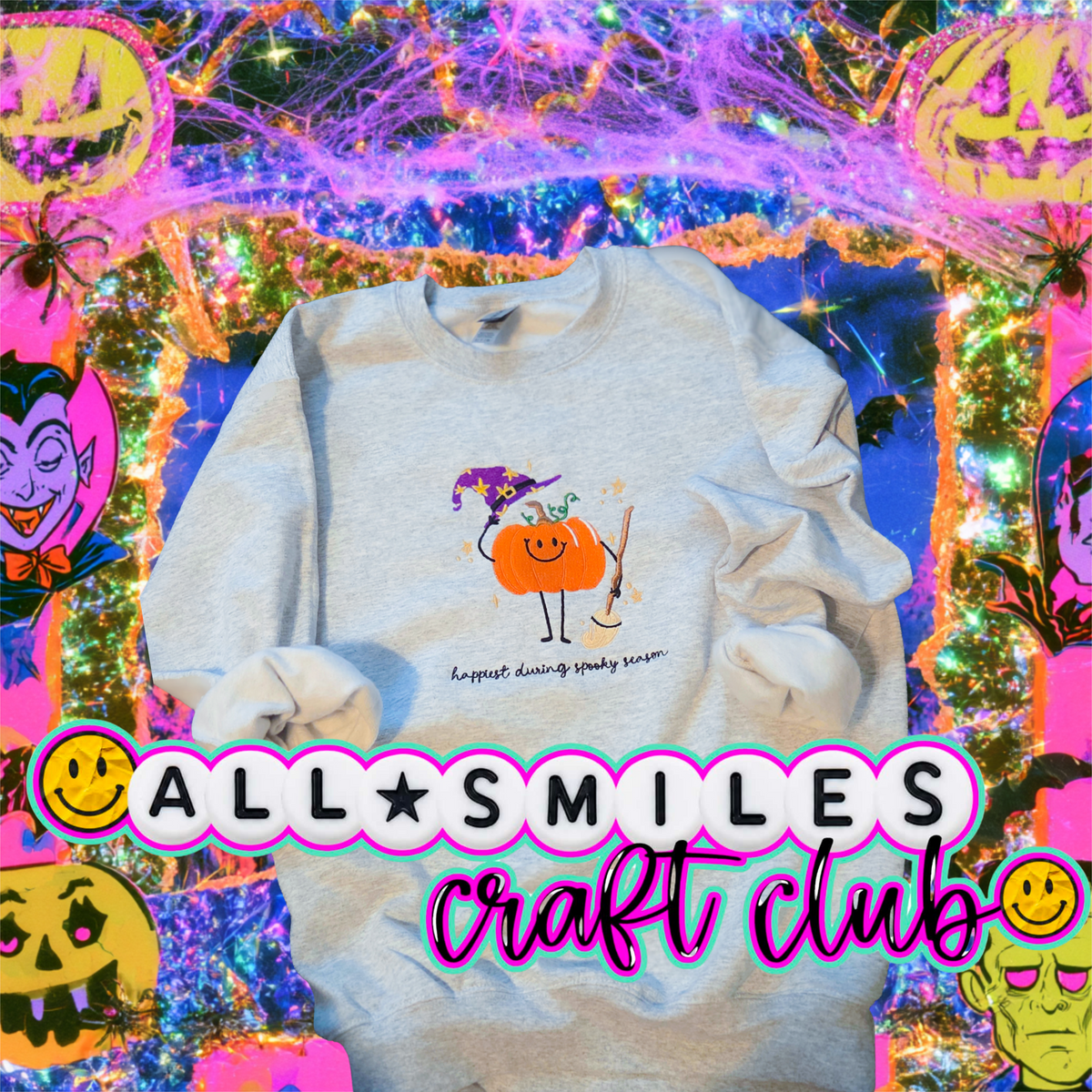 Happiest During Spooky Season Pumpkin Embroidered Sweatshirt